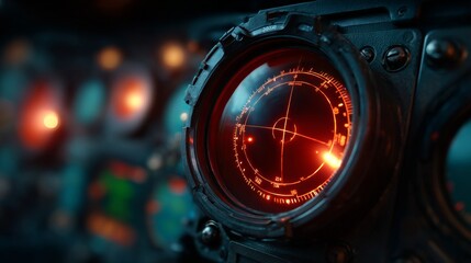 Fototapeta premium Radar Screen in Submarine: A detailed view of a radar screen within a submarine, the device glows with strategic information and offers a glimpse into nautical navigation and sophisticated technology.