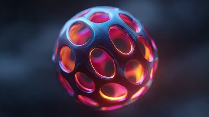 Intriguing Orb: A mesmerizing 3D rendered image showcasing a multi-colored sphere, with meticulously crafted holes and a metallic texture, set against a blurred, dark background. 
