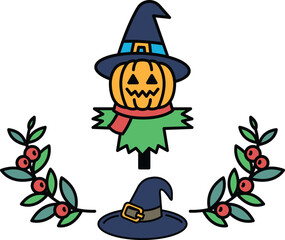 A witch's hat and pumpkin are on a white background