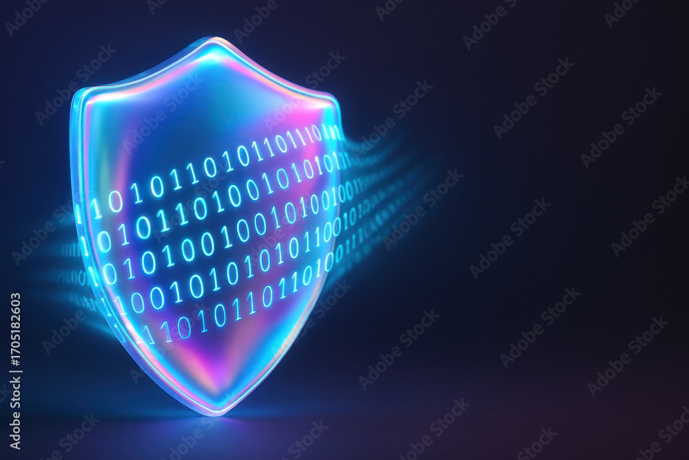 Poster glowing shield with binary code symbolizes cybersecurity and data protection in digital environment,