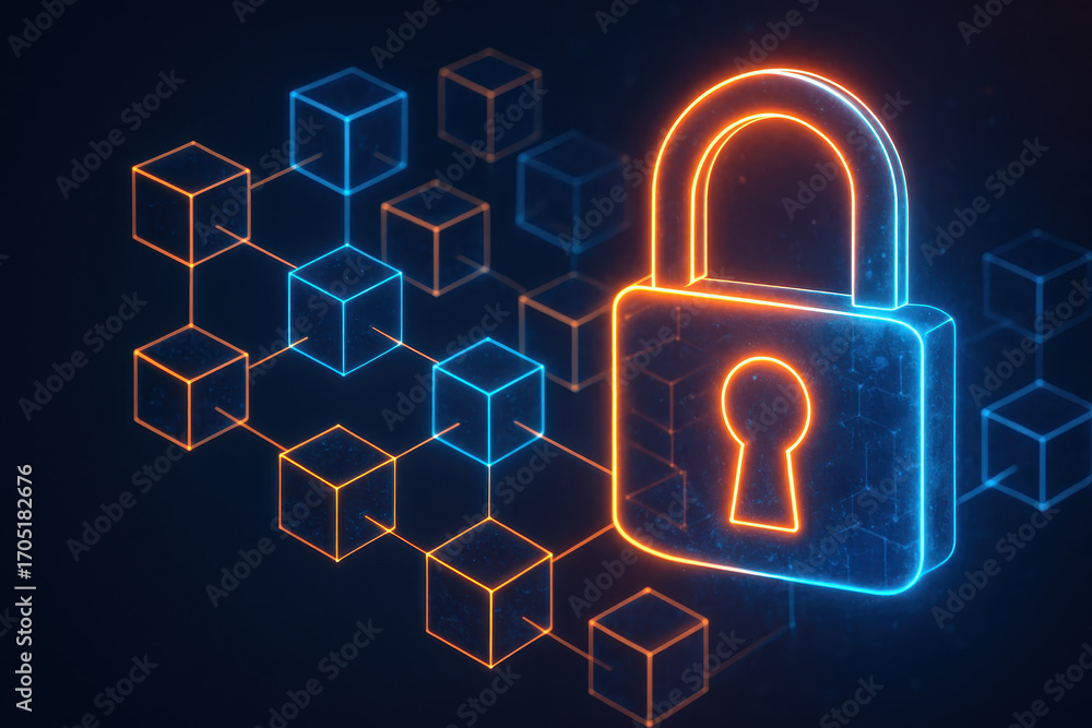 Poster cybersecurity and data protection concept with glowing padlock and blockchain network symbolizing se