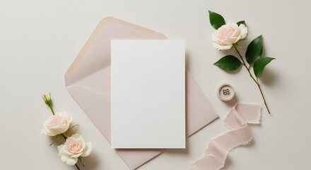 Blank white card and pink envelope with roses and ribbon