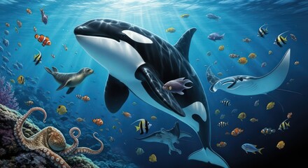 Underwater realms depicting marine life with orcas, octopus, stingrays, and fish aggregation