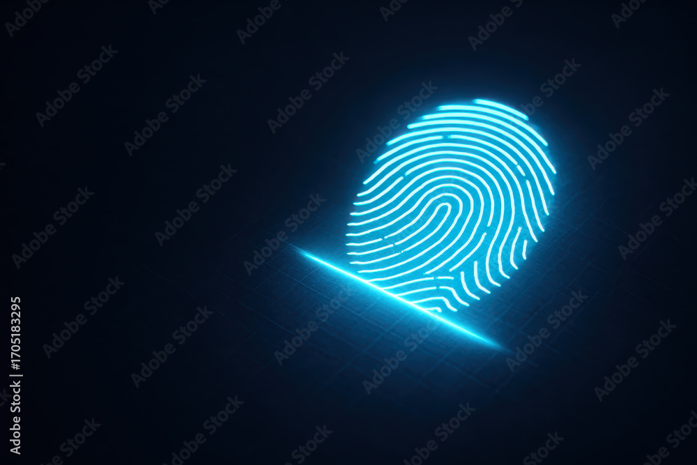 Poster glowing fingerprint scan highlights cybersecurity and data protection technology with futuristic dig