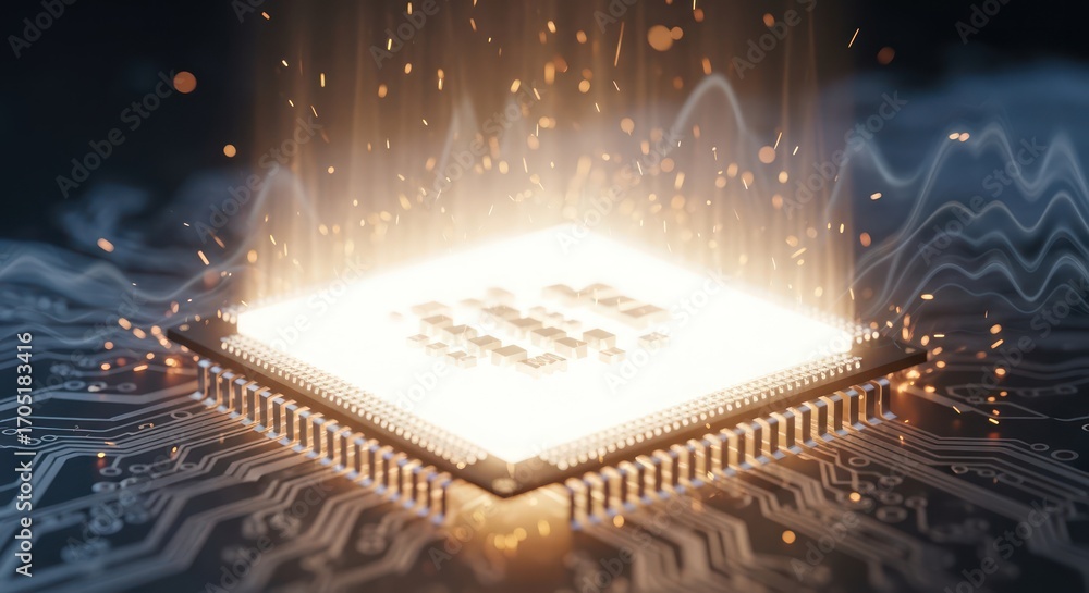 Poster quantum processor core radiating energy, illuminating futuristic technology interface