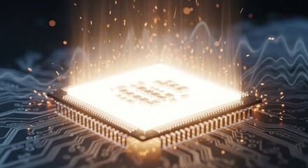 Quantum processor core radiating energy, illuminating futuristic technology interface