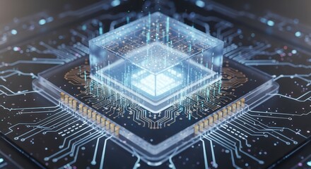 Futuristic quantum computing core with glowing circuit paths and advanced technology visualization