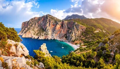 Fototapeta premium Panoramic view of a Mediterranean bay, with dramatic cliffs and a small beach