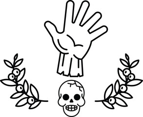 A hand is holding a skull and a leafy branch