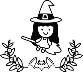 A witch is flying on a broomstick with a bat on the ground