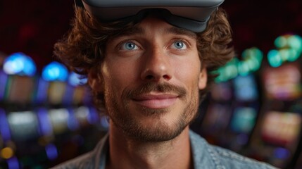 Immersive Reality Experience: A man explores virtual gaming technology, eyes wide with fascination in a dynamic digital world.