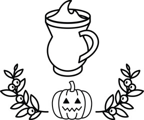 A pumpkin and a cup of coffee are on a table