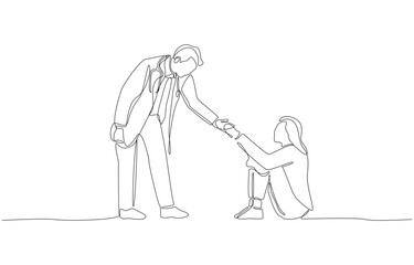Continuous one line drawing of doctor extending helping hand to depressed patient sitting on the ground, symbolizing psychiatric care, single line art.
