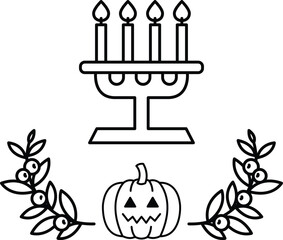 A black and white drawing of a candle holder with four candles and a pumpkin