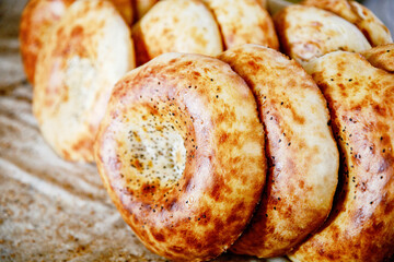 Breads for sale at the market in Tashkent, Uzbekistan, Chorsu bazaar. Traditional Uzbek food.
