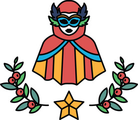 A black and white drawing of a person wearing a mask and cape