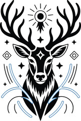 Fototapeta premium Black deer head with sun and stars graphic animal white