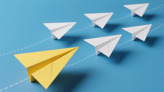 Yellow Leading Paper Plane with White Followers on Blue Background - Dynamic Composition Symbolizing Guidance and Progress in Minimalist Style