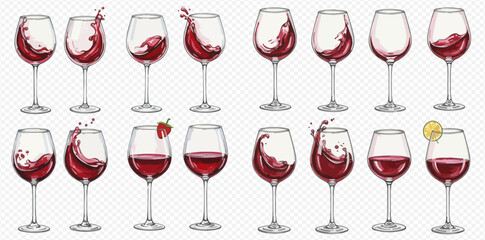 A vibrant collection of red wine glasses showcasing dynamic splashes, elegant swirls, and still pours, with some garnished.