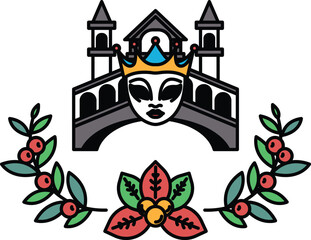 A black and white drawing of a mask and a bridge