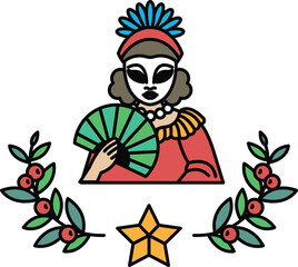 A woman is holding a fan in a drawing