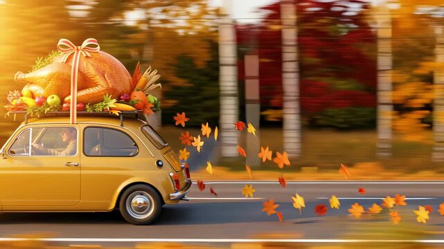 Vintage Car with Giant Thanksgiving Turkey on Roof Driving Through Autumn