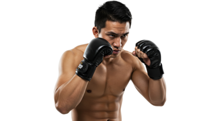 Man Boxing with Gloves in Fighting Stance against White Background
