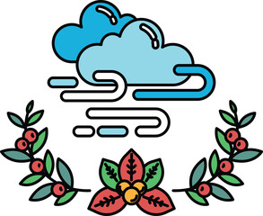 A black and white drawing of a cloud with leaves and flowers