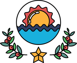 Fototapeta premium A black and white drawing of a sun and water with leaves and a star