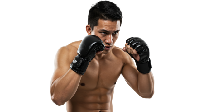 Man Boxing with Gloves in Fighting Stance against White Background
