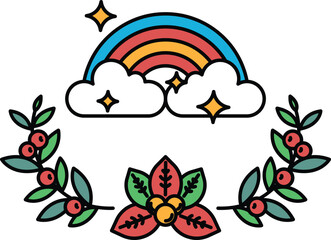 A black and white drawing of a rainbow and clouds with a flower and leaves