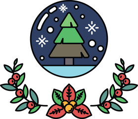 A tree is surrounded by leaves and a bow