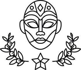 A black and white drawing of a mask with a star and leaves