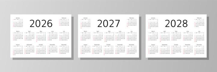 2026, 2027, 2028 calendars. Calender templates. Planner layout with 12 months. Week starts Sunday. Desk planer grid for year. Vector illustration. Yearly diary in English. Paper size A4
