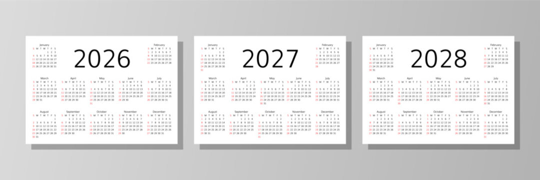 2026, 2027, 2028 calendars. Calender templates. Planner layout with 12 months. Week starts Sunday. Desk planer grid for year. Vector illustration. Yearly diary in English. Paper size A4