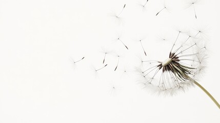 29.A soft, minimalistic image of a dandelion seed head with seeds flying off into the air. The white background emphasizes the delicate nature of the dandelion, with the seeds caught in motion, some
