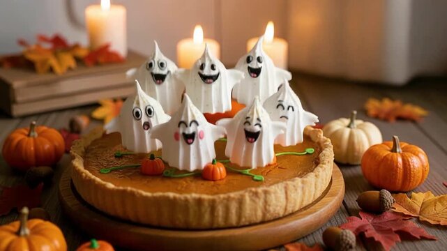Adorable marshmallow ghosts decorate a pumpkin pie in a cozy fall setting with candles, pumpkins, and autumn leaves. Perfect for Halloween and seasonal food themes.