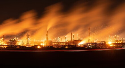 Industrial landscape at night illuminated by the glow of powerful manufacturing lights