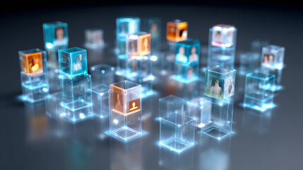 Digital social media concept with glowing transparent cubes representing online profiles and safety in futuristic network environment