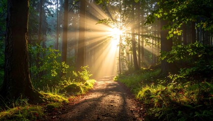 Sunlight streams through tall trees in a forest, illuminating a path and creating a serene, golden ambiance