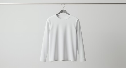 White longsleeved tshirt hanging on a hanger against a plain background