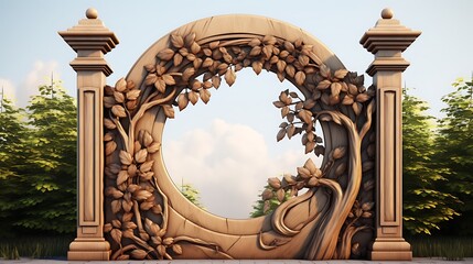 Wooden portal adorned with floral carvings, revealing a tranquil garden scene and serene sky within
