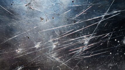 Scratched dark metal surface with fine and deep cuts holes and reflective linear marks