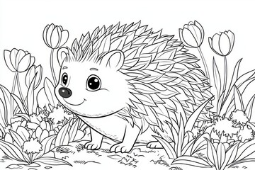 Fototapeta premium Cute cartoon hedgehog in the garden with tulips, border design elements, thick lines, low detail, no shading, vivid black and white coloring page for kids.