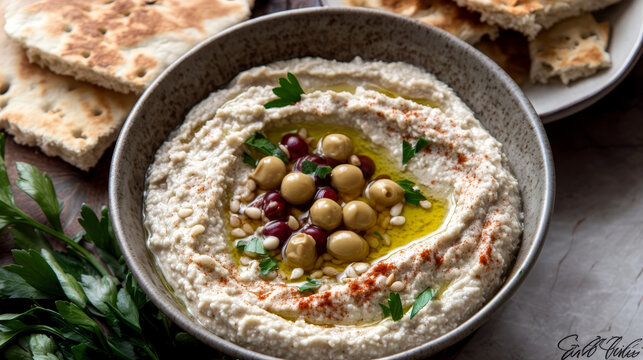 Creamy homemade hummus, richly garnished with fresh herbs and spices. Paired with soft, warm pita bread.