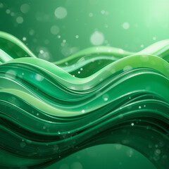 Abstract flowing green waves with shimmering particles and soft bokeh lights creating a serene and ethereal organic background