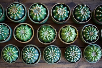 Colorful round cactus collection in ceramic pots arranged on wooden surface