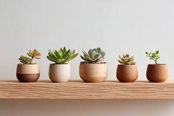 Collection of succulents in decorative pots on a shelf
