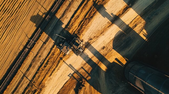Aerial view of a grain silo and machinery casting long shadows over a field at golden hour