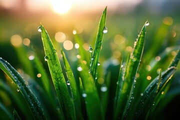 Fototapeta premium Dew-covered grass blades at sunrise